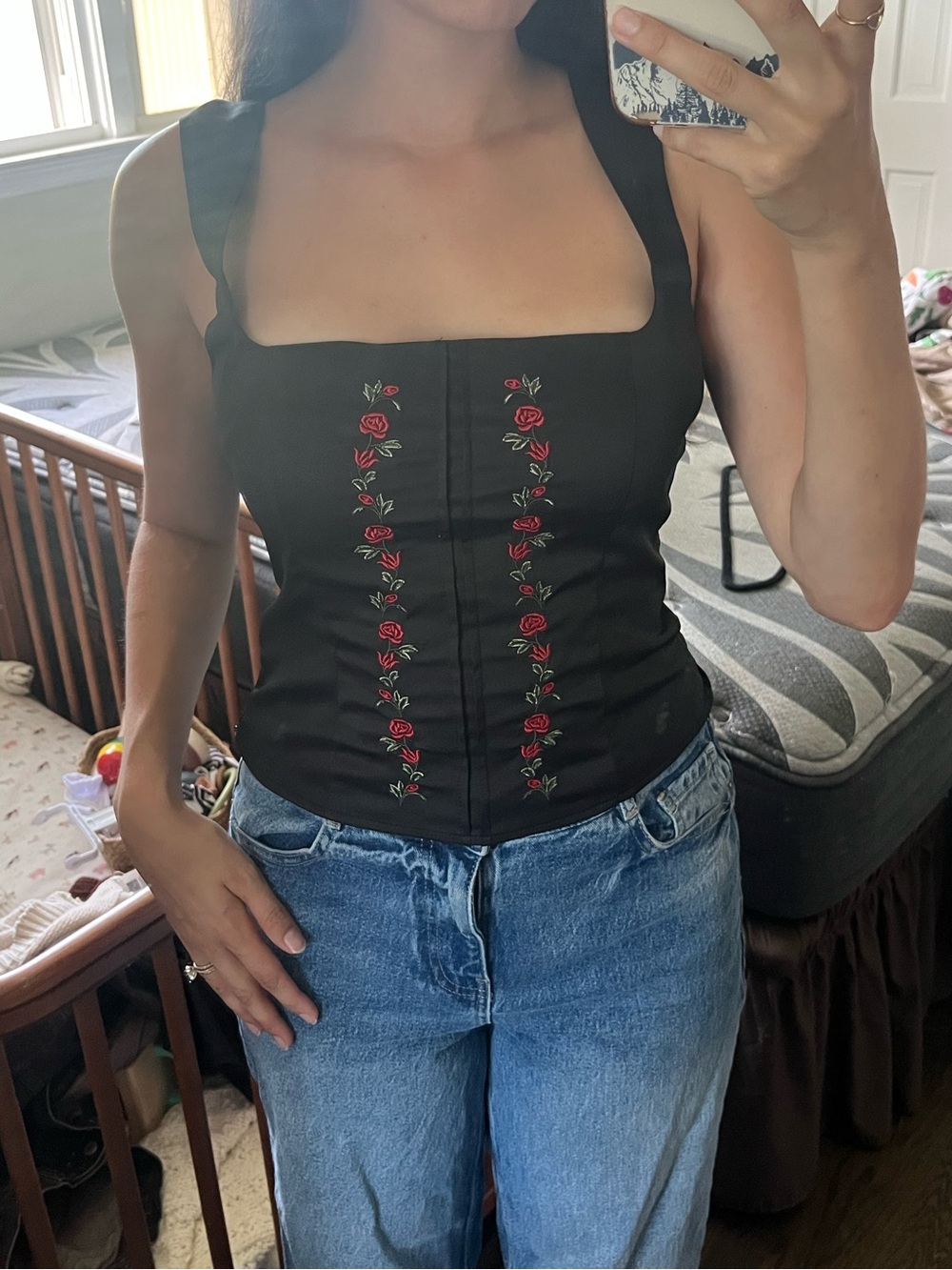 RIHOAS Black Rose-Embroidered Square Neck Camisole